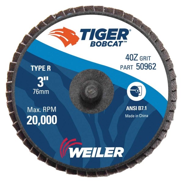 Weiler 3" BobCat Mini Abrasive Flap Disc, Flat (TY27), Type R Mount, 40Z 50962